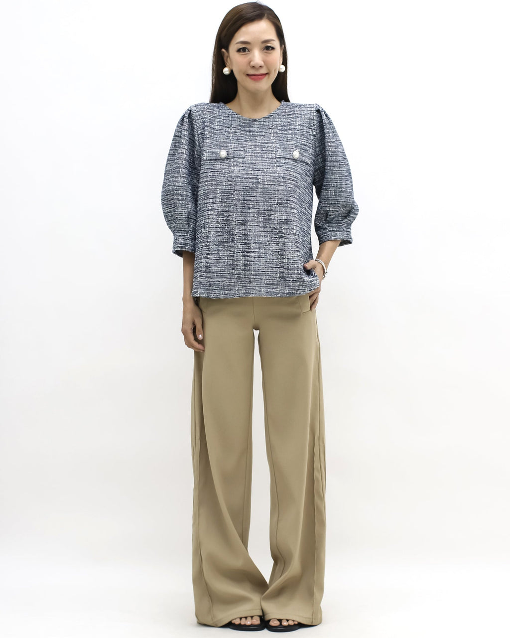 navy tweed puff sleeves top *pre-order*