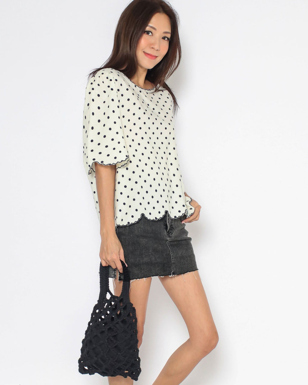 beige polka dots scallop hem shirt top *pre-order*