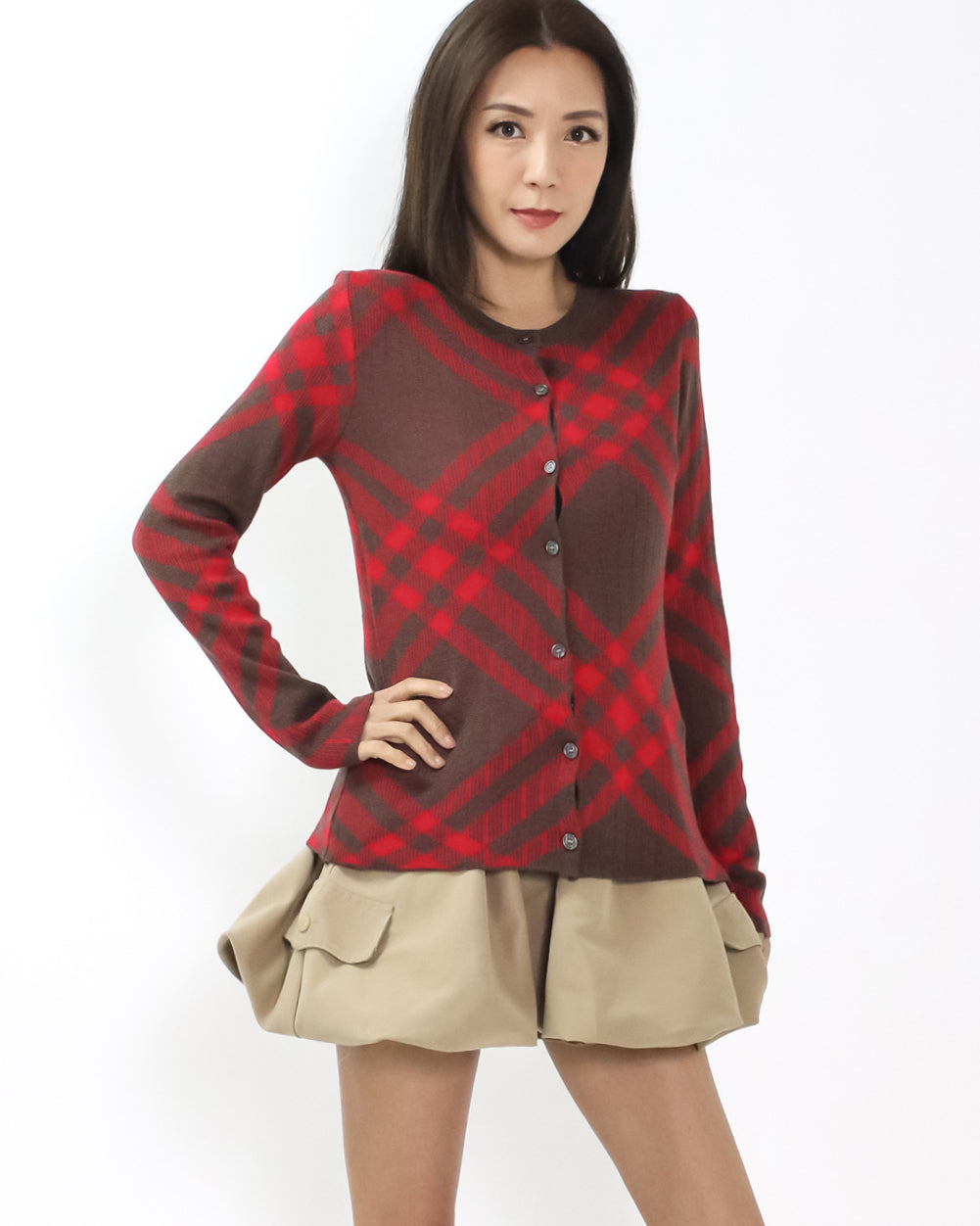 brown & red checkers soft knitted cardigan *pre-order*