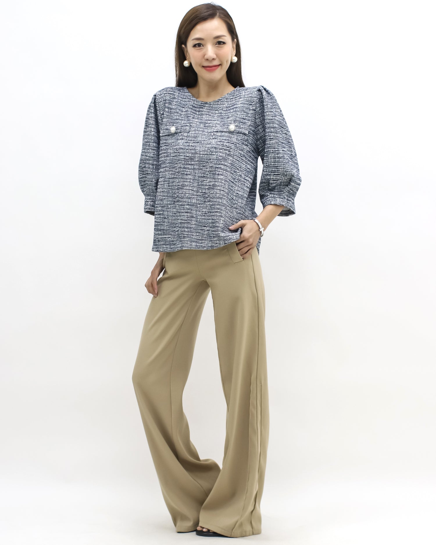 navy tweed puff sleeves top *pre-order*