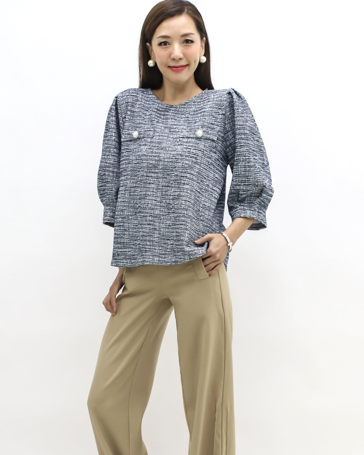 navy tweed puff sleeves top *pre-order*