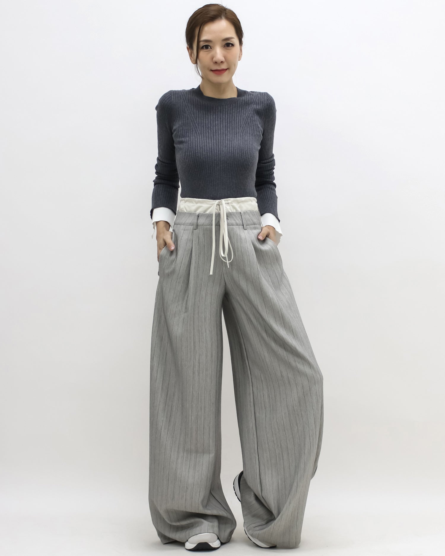 grey stripes w/ ivory waist contrast wide leg pants *pre-order*