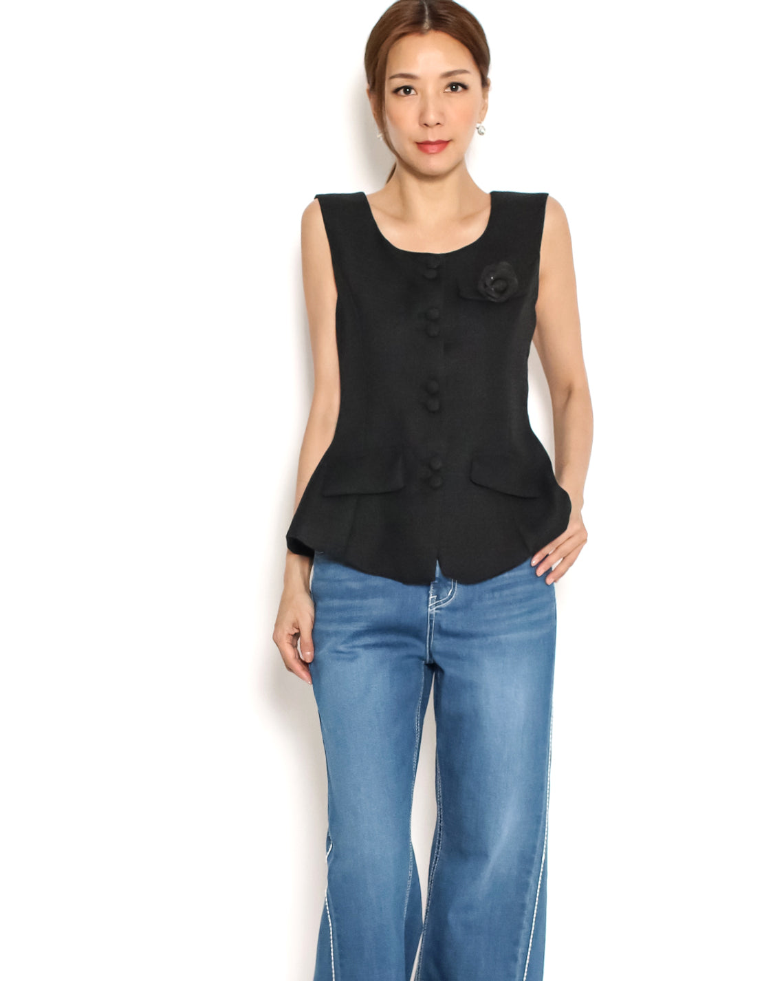 black flower pocket front flare tweed vest *pre-order*