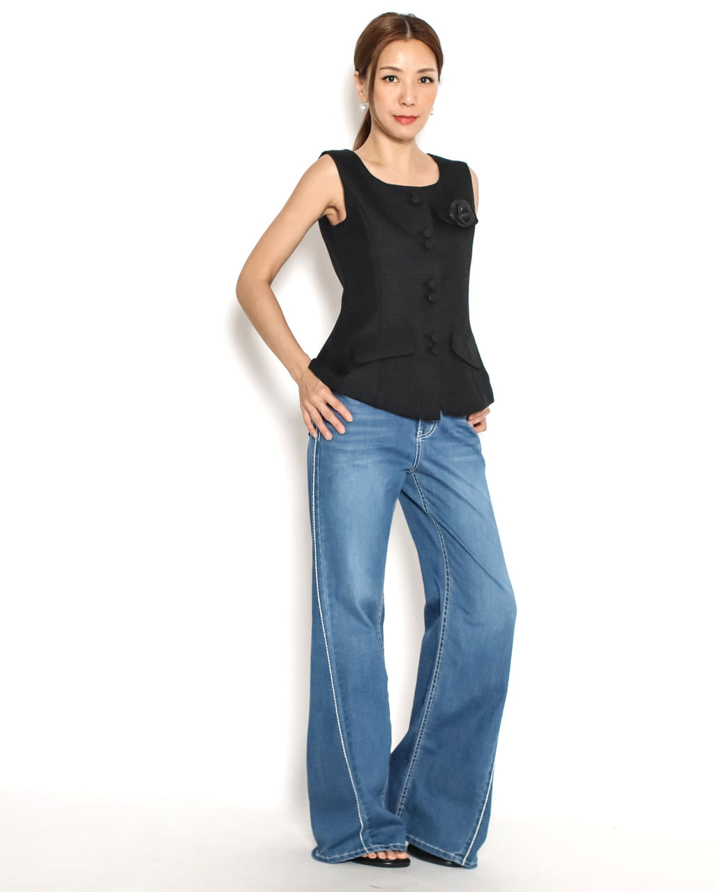 black flower pocket front flare tweed vest *pre-order*