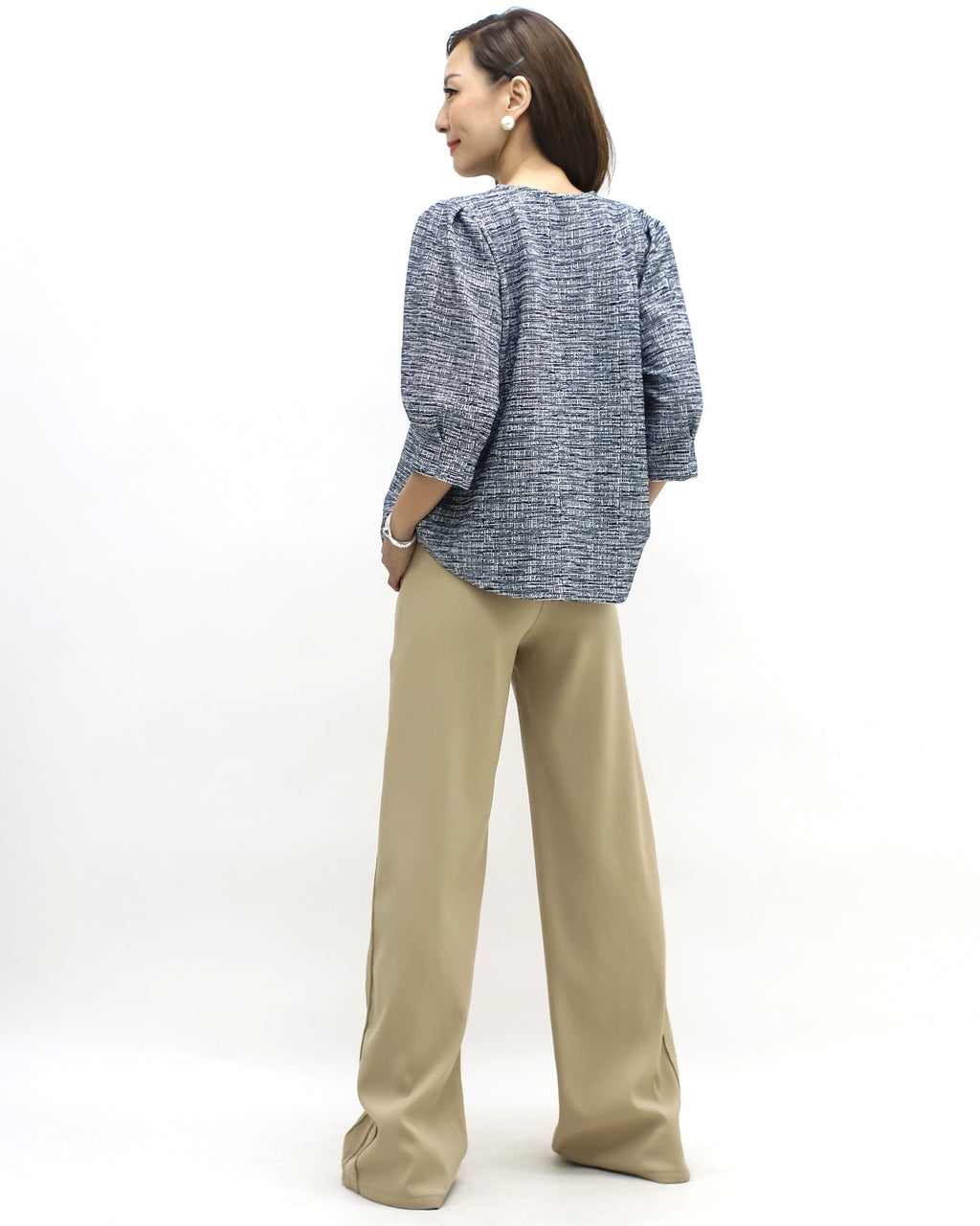 navy tweed puff sleeves top *pre-order*