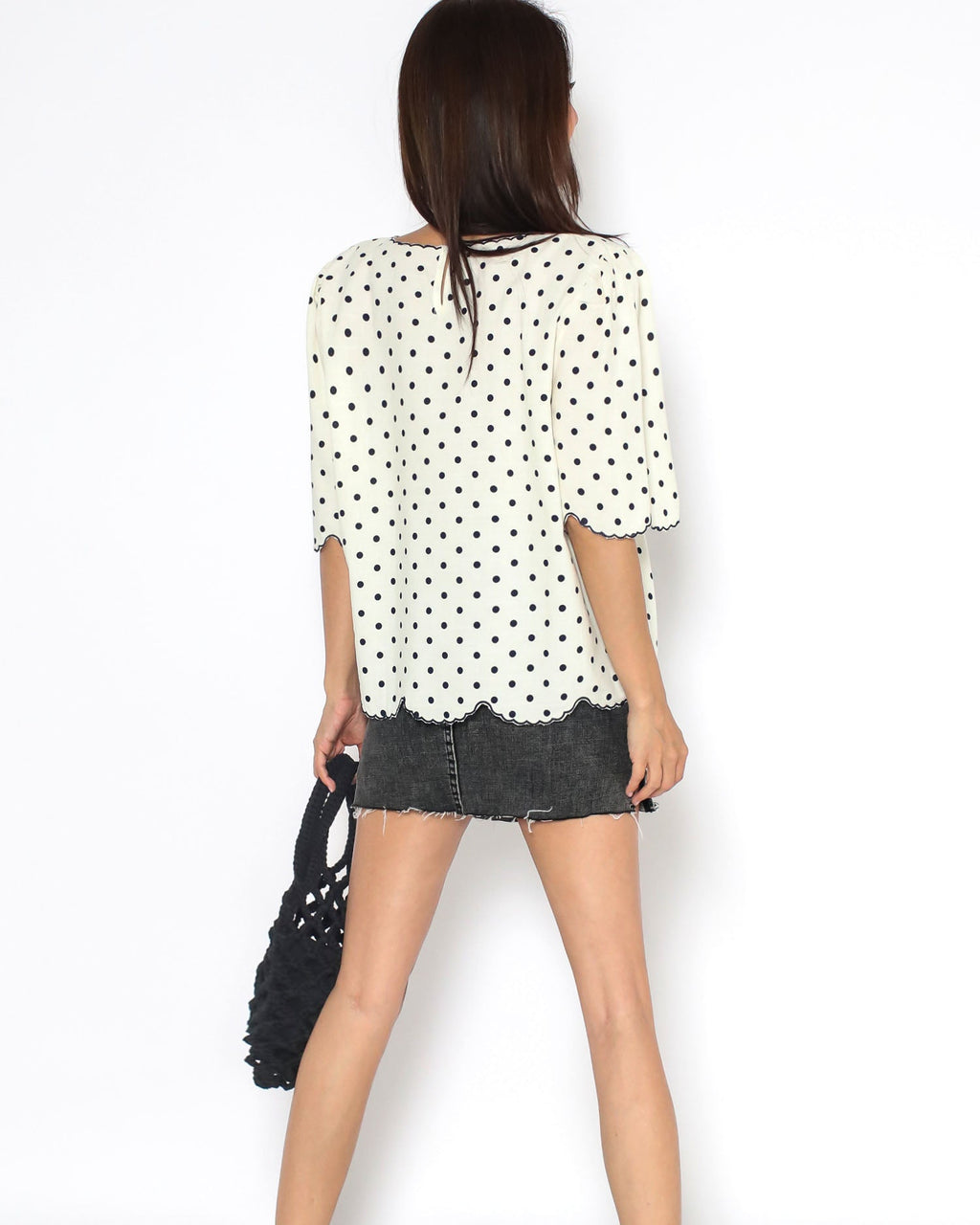 beige polka dots scallop hem shirt top *pre-order*