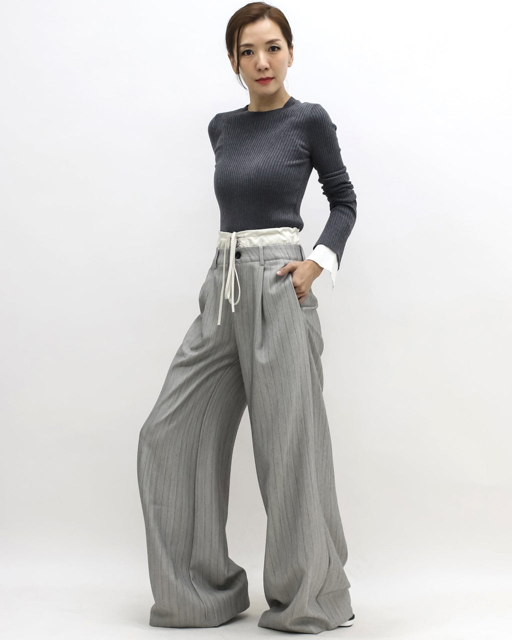 grey stripes w/ ivory waist contrast wide leg pants *pre-order*