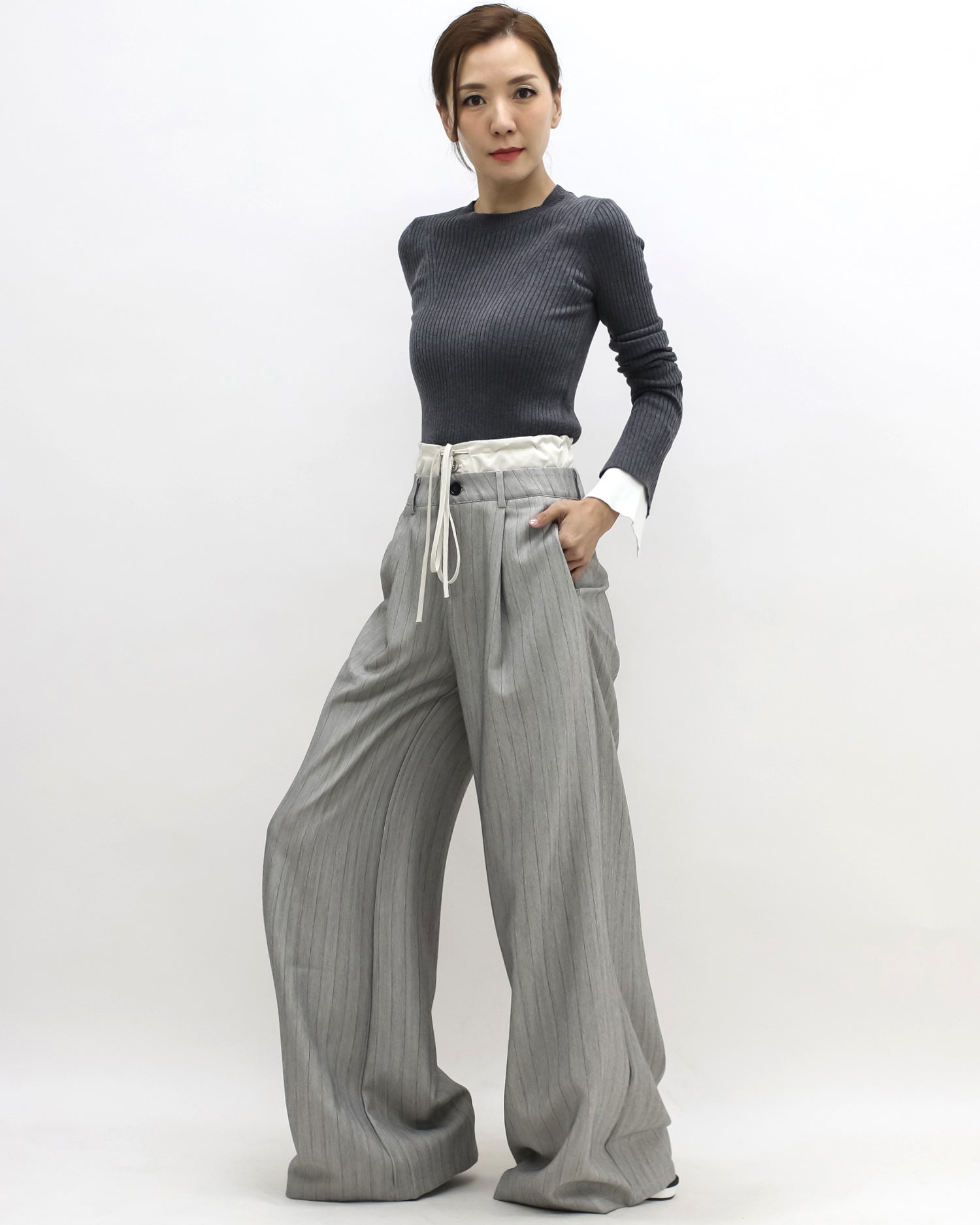 grey stripes w/ ivory waist contrast wide leg pants *pre-order*