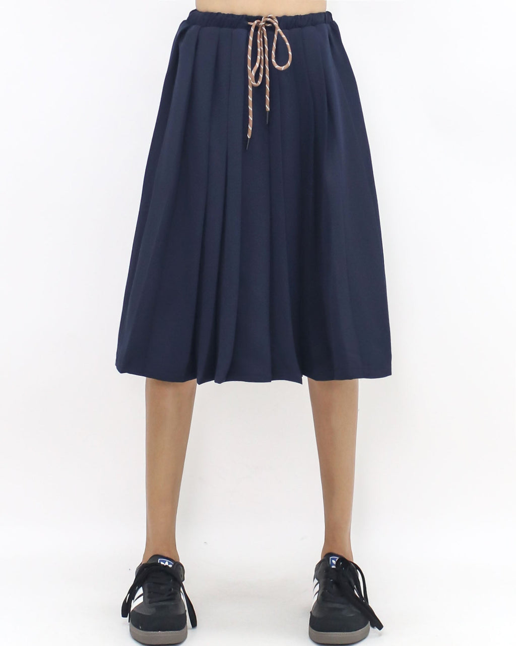 navy pleats drawstring waist midi skirt