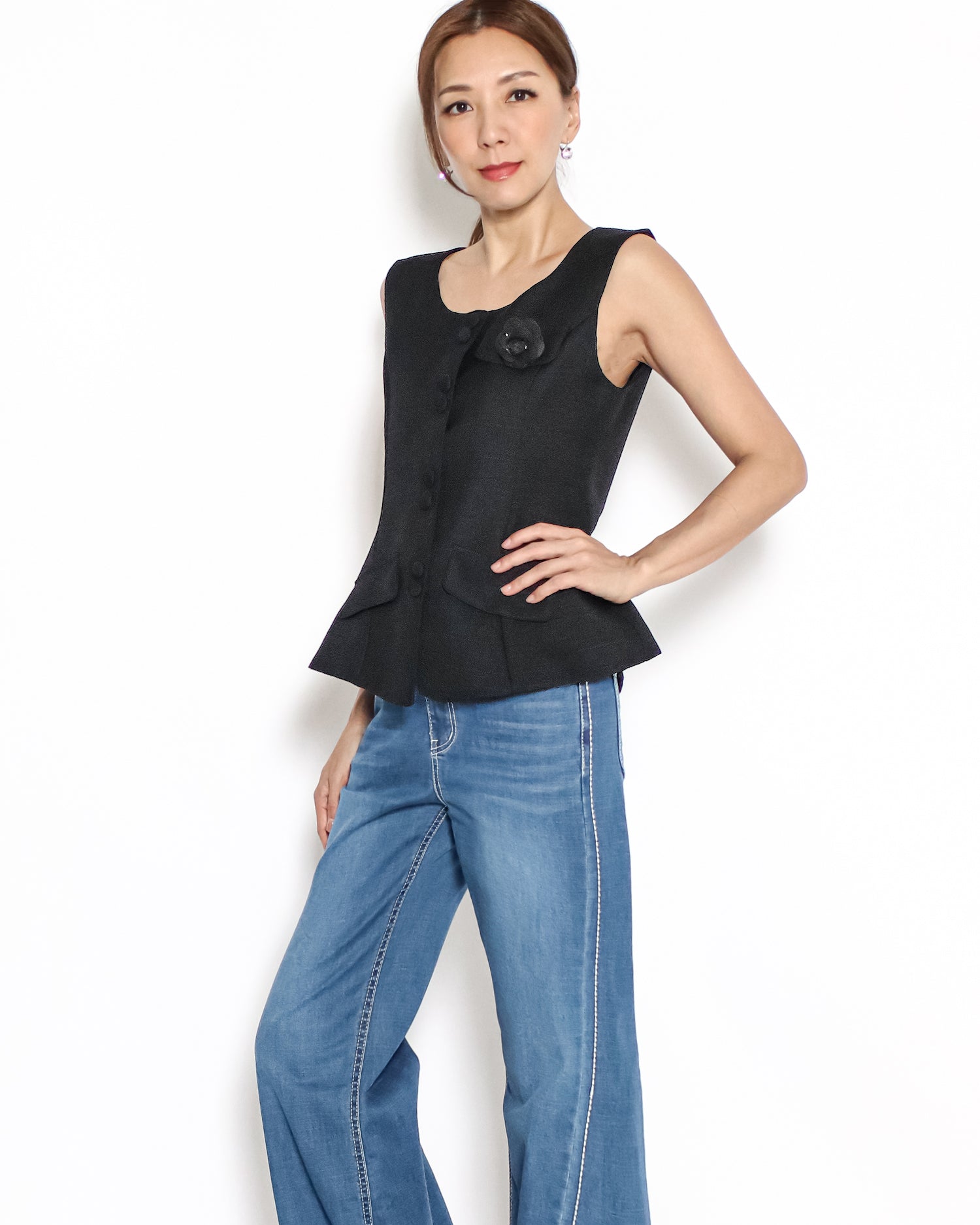 black flower pocket front flare tweed vest *pre-order*