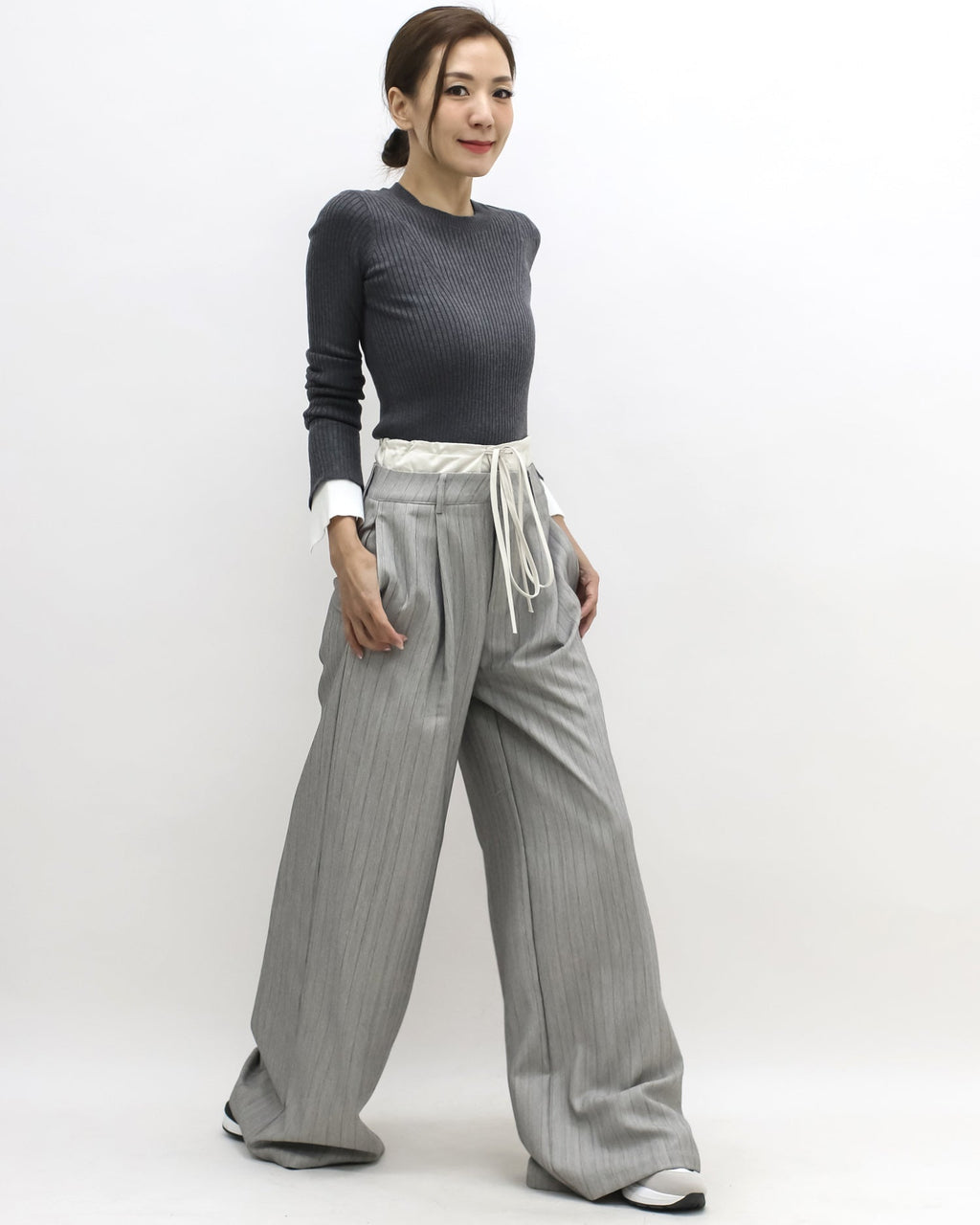 grey stripes w/ ivory waist contrast wide leg pants *pre-order*