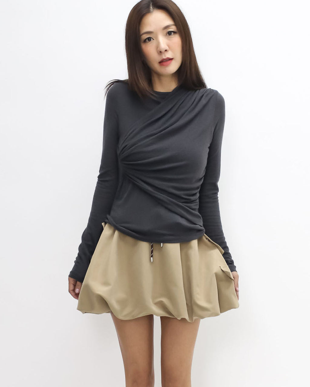 charcoal grey ruched front long sleeves top *pre-order*
