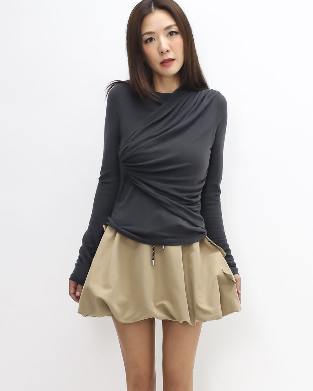 charcoal grey ruched front long sleeves top *pre-order*