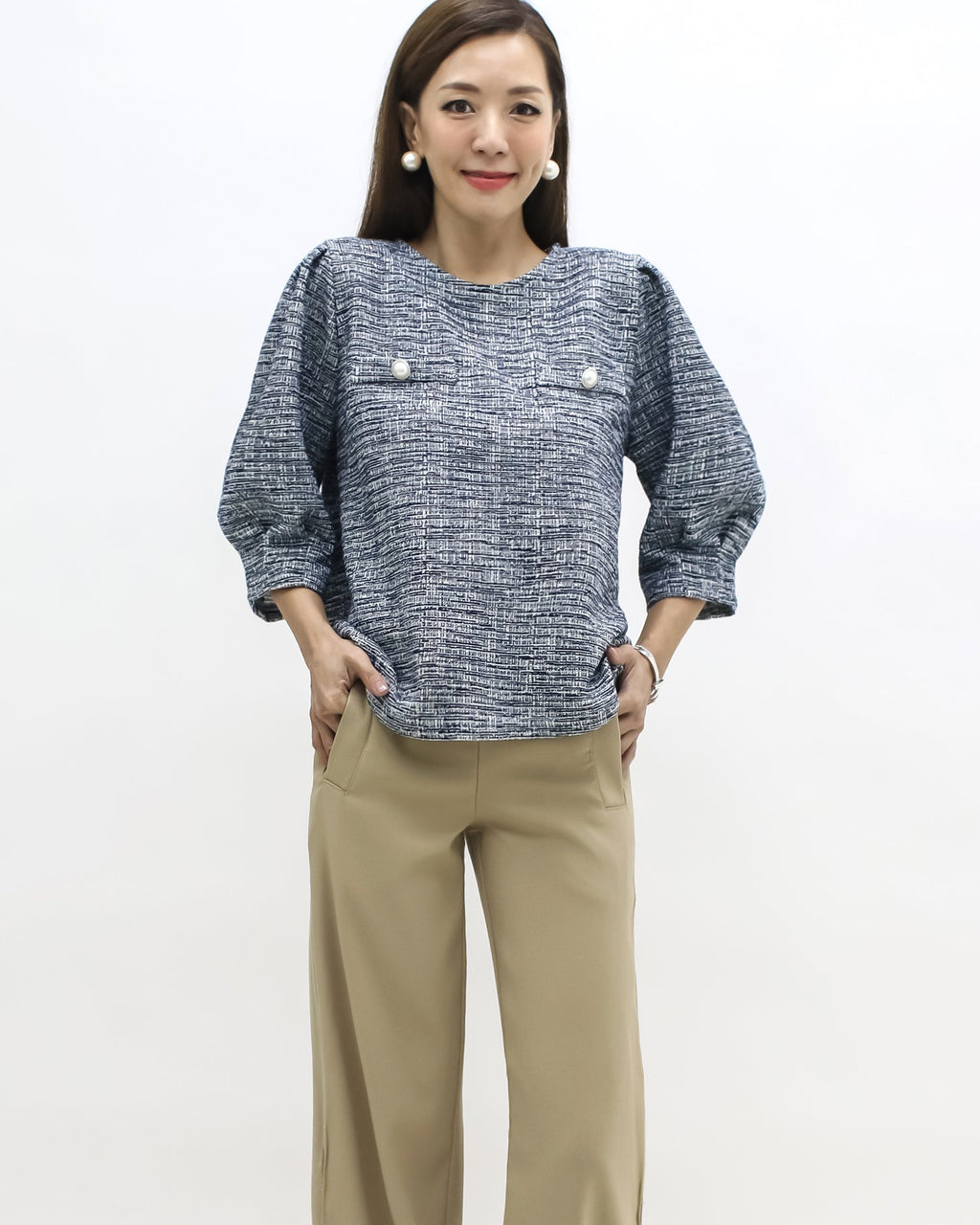 navy tweed puff sleeves top *pre-order*