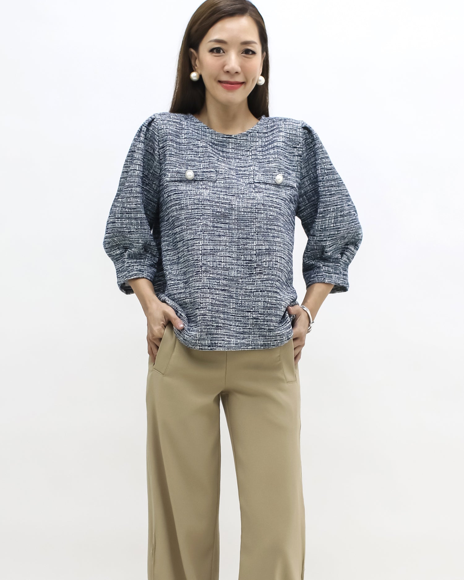 navy tweed puff sleeves top *pre-order*