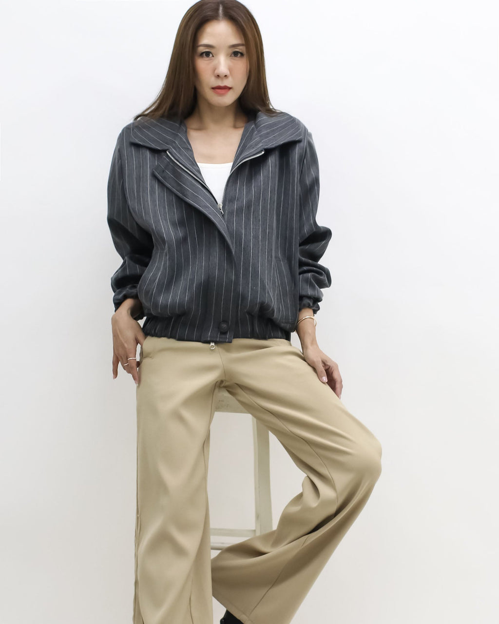 dark grey stripes shoulder pads bomber jacket