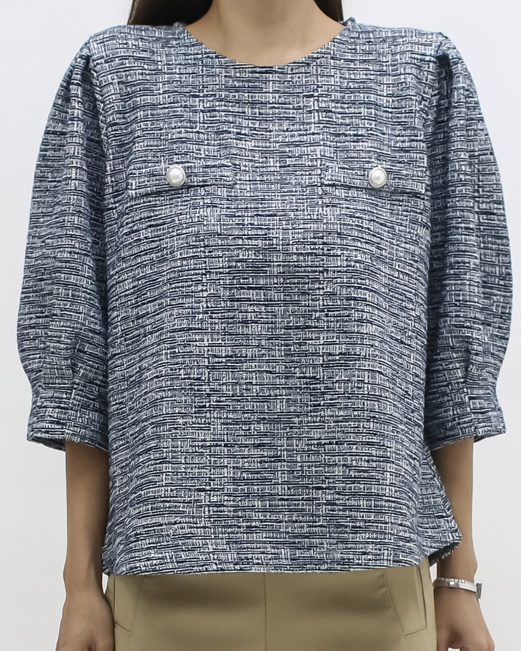 navy tweed puff sleeves top *pre-order*