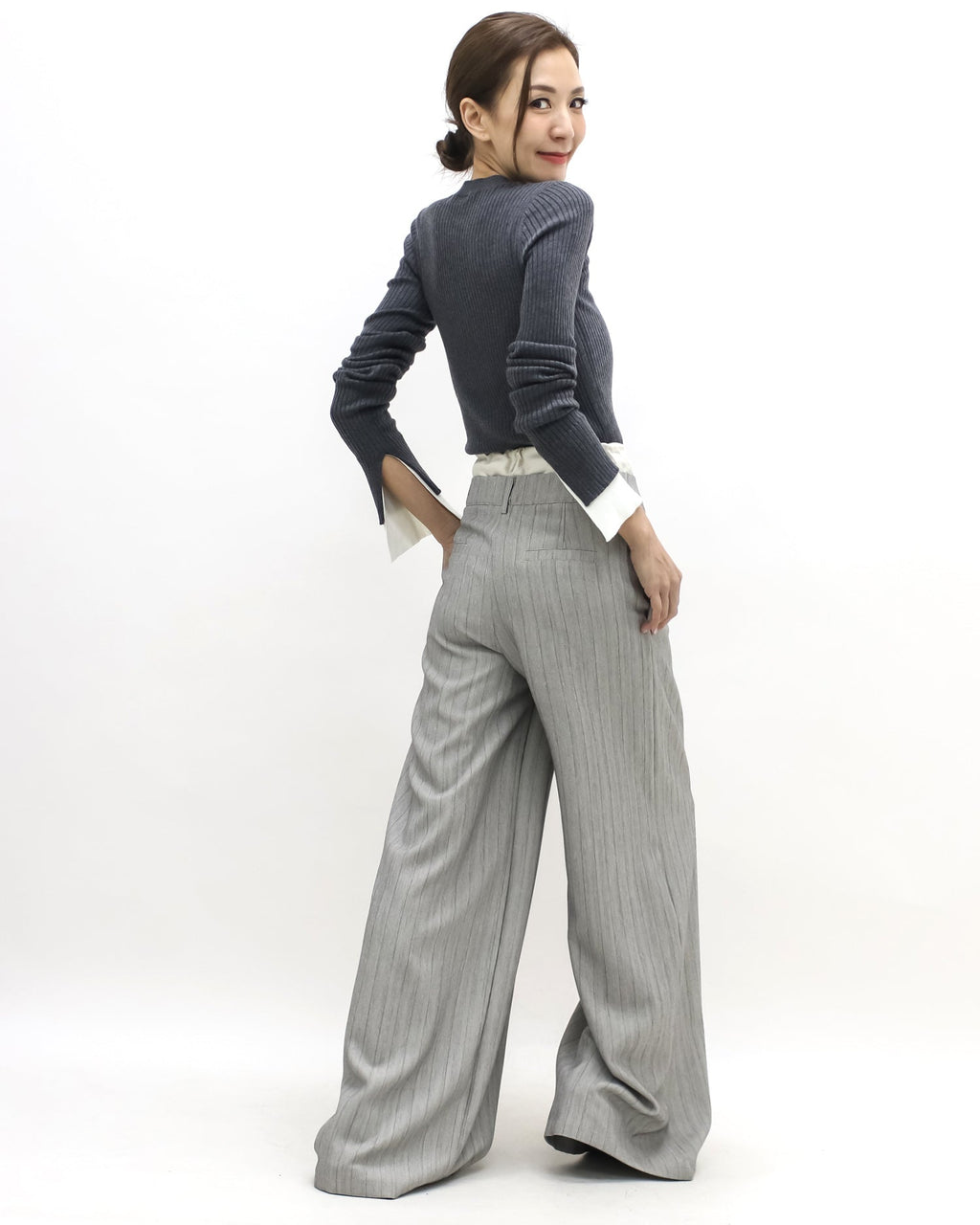 grey stripes w/ ivory waist contrast wide leg pants *pre-order*