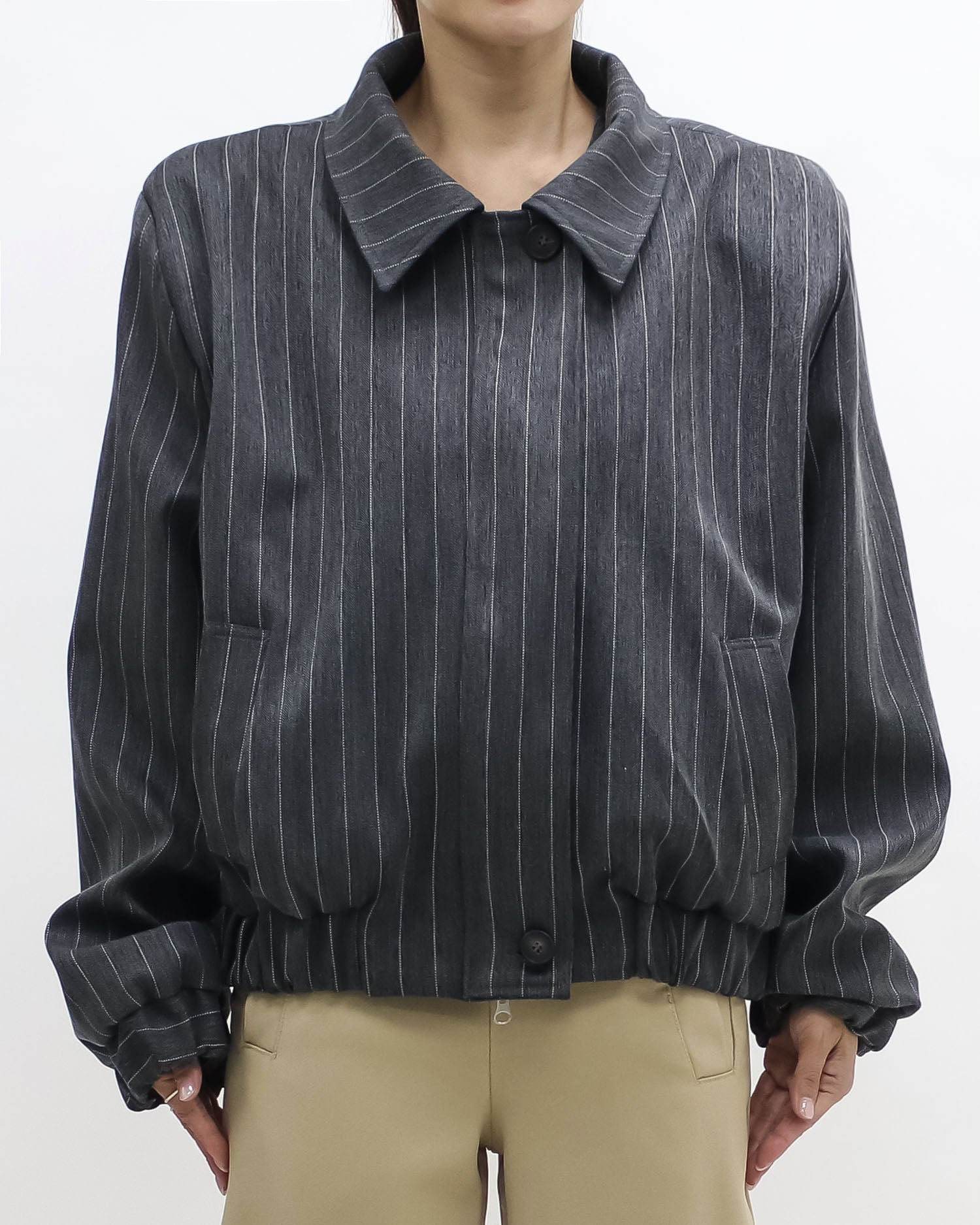 dark grey stripes shoulder pads bomber jacket
