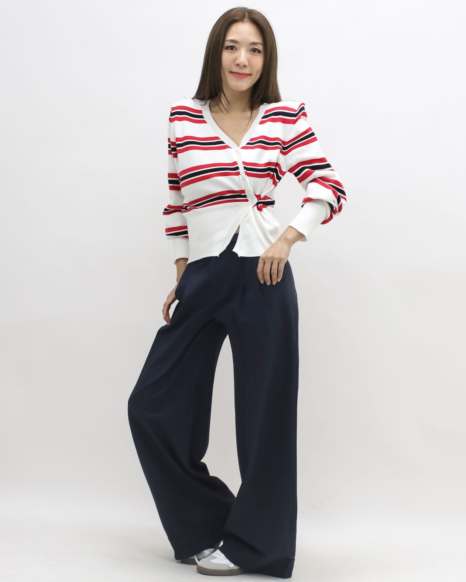 ivory w/ red & black stripes shoulder pads knitted cardigan