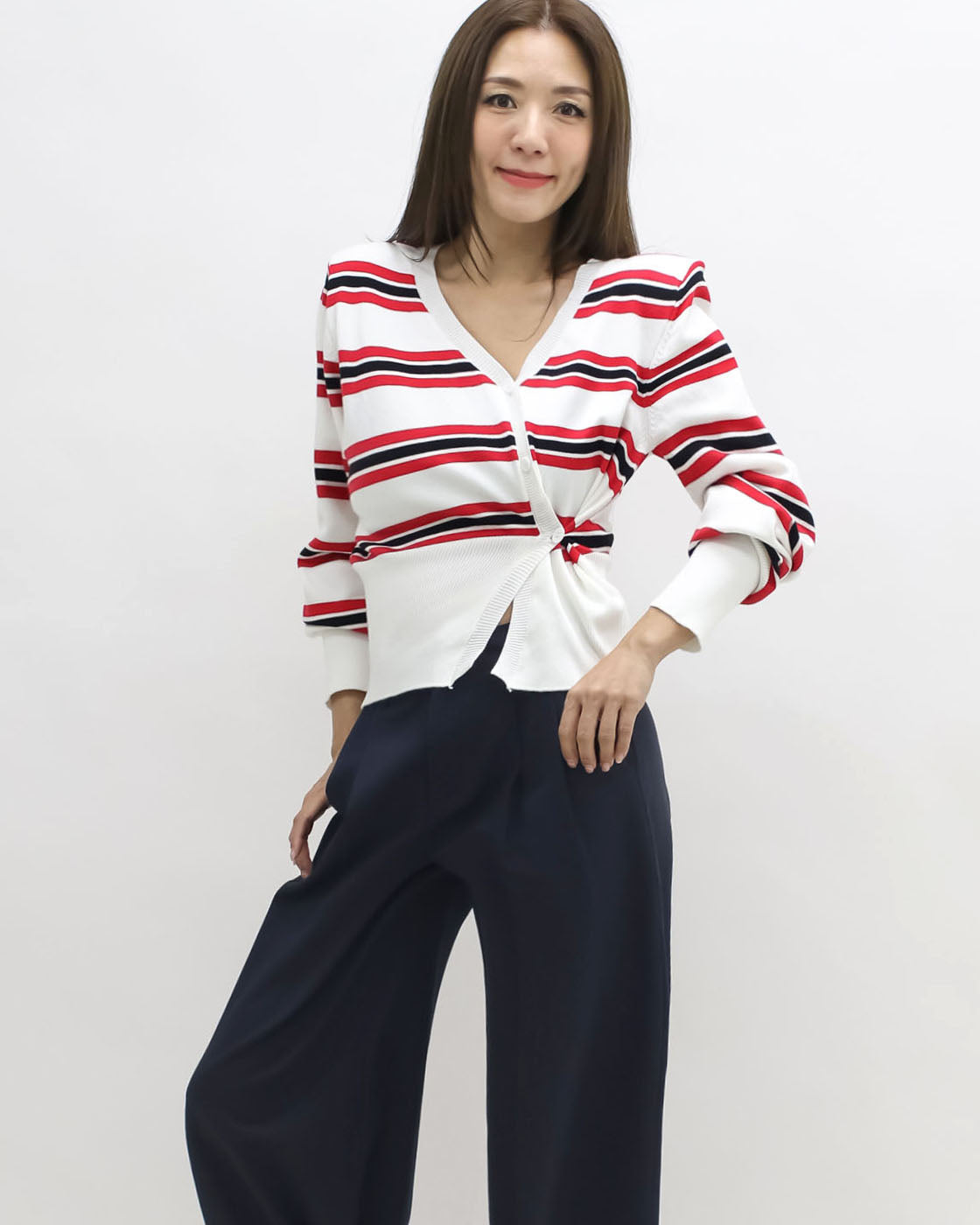 ivory w/ red & black stripes shoulder pads knitted cardigan