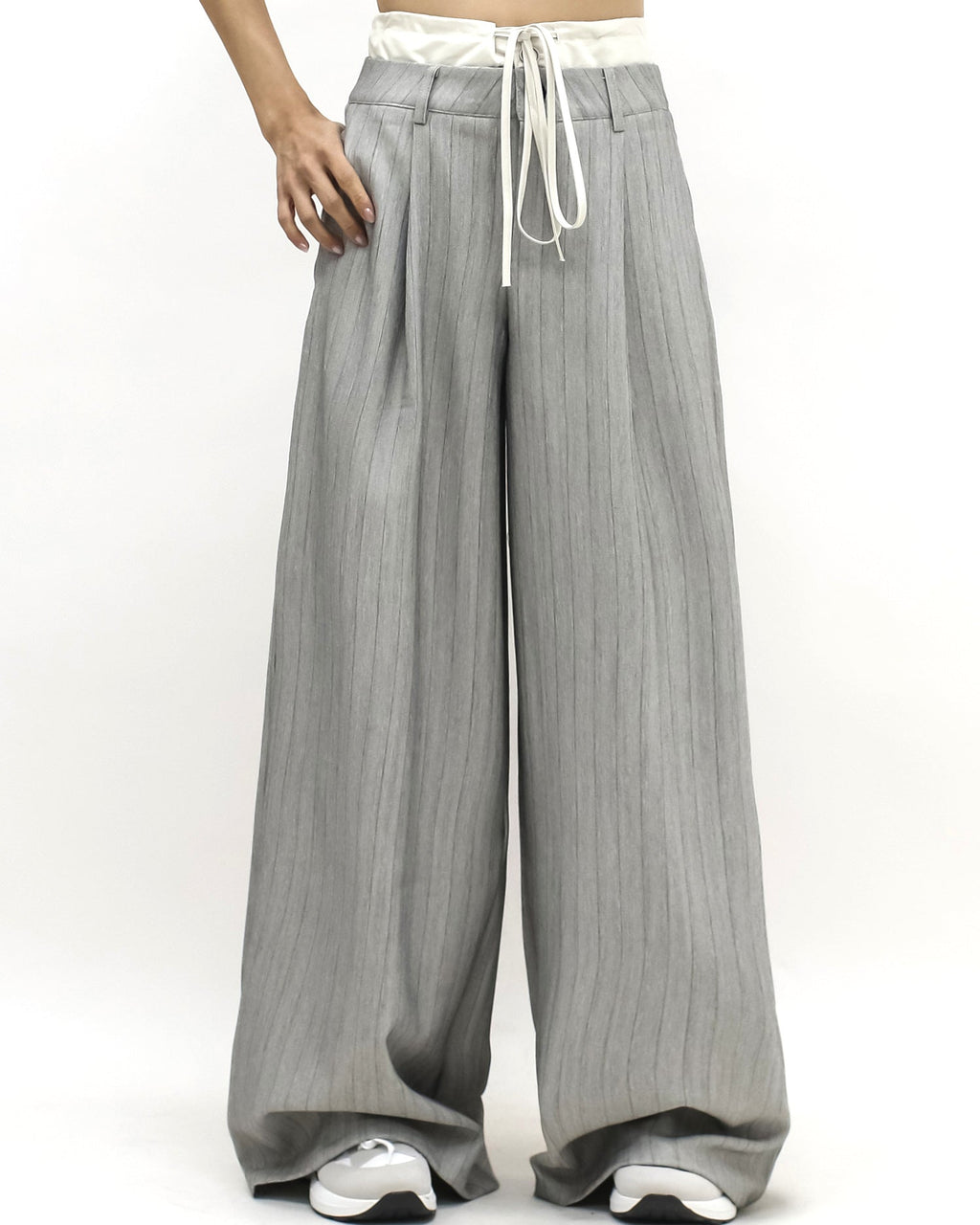 grey stripes w/ ivory waist contrast wide leg pants *pre-order*