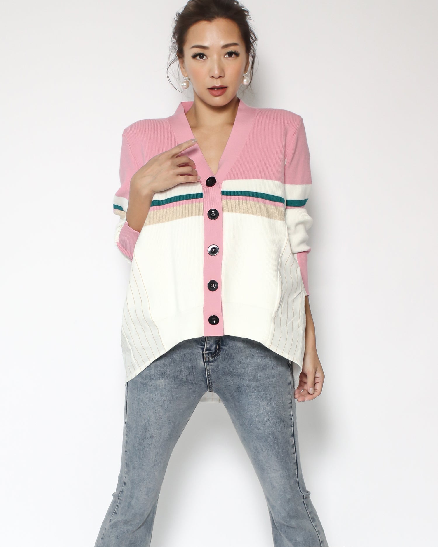 pink & ivory stripes with beige stripes shirt contrast cardigan *pre-order*