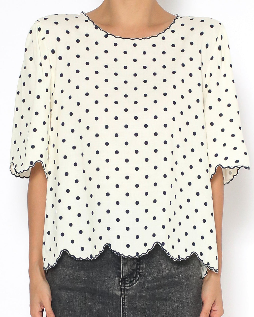 beige polka dots scallop hem shirt top *pre-order*