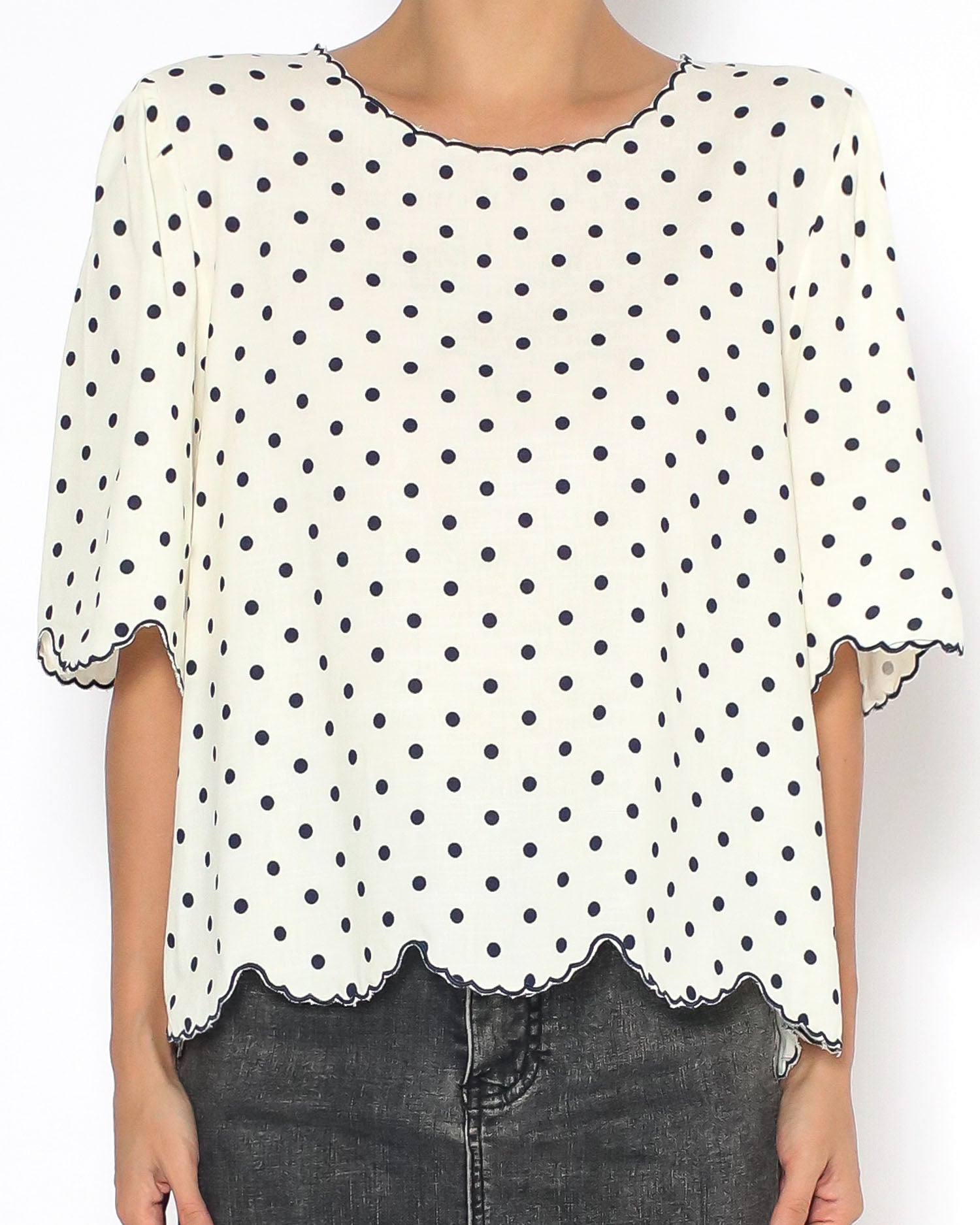 beige polka dots scallop hem shirt top *pre-order*