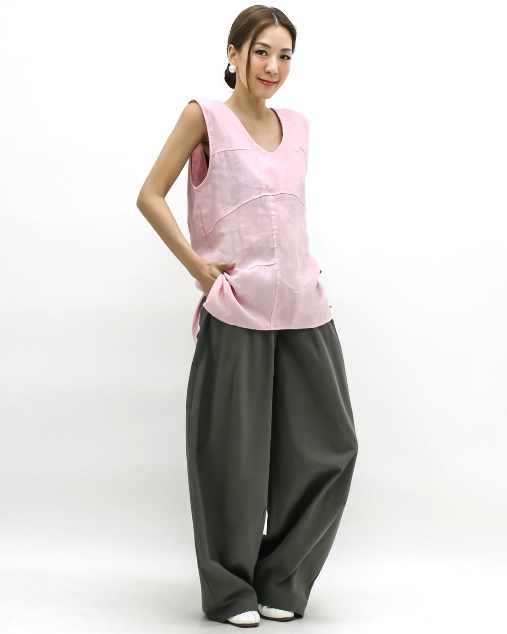 pink linen longline vest