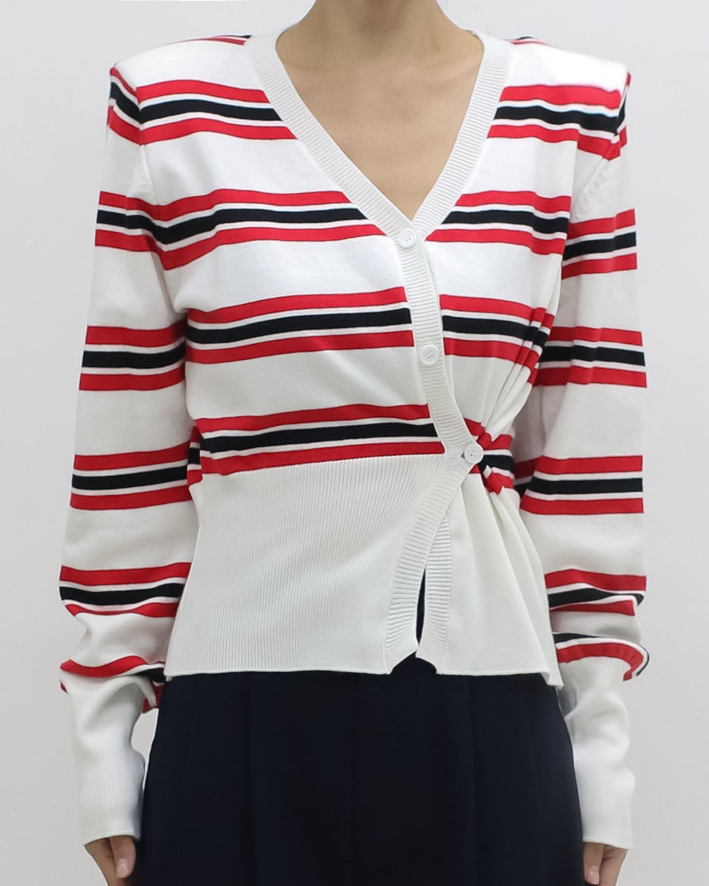 ivory w/ red & black stripes shoulder pads knitted cardigan