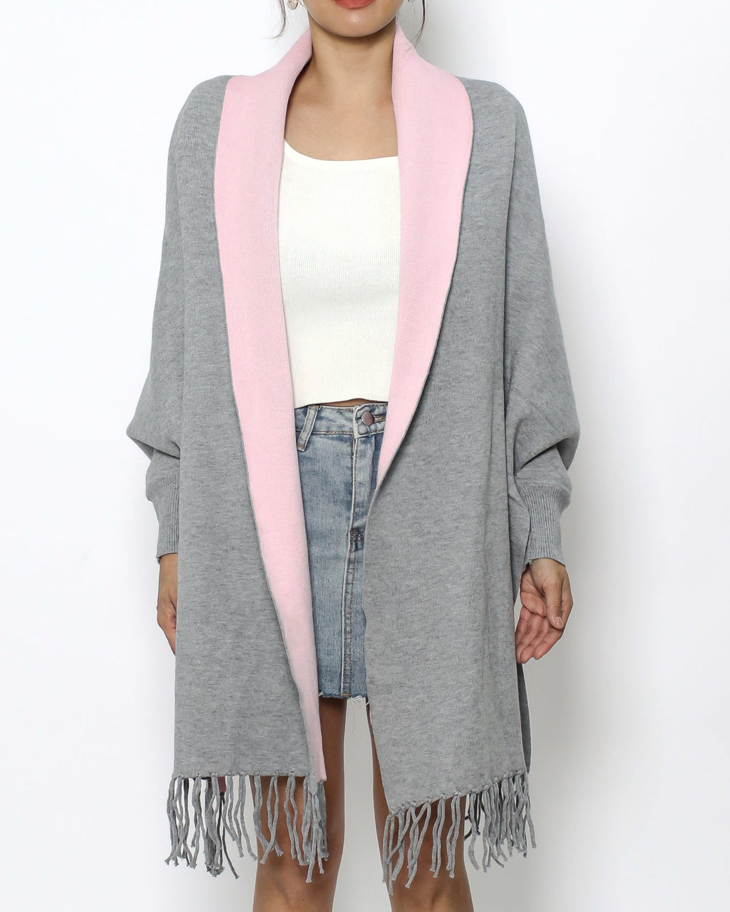 grey & pink tassels poncho *pre-order*