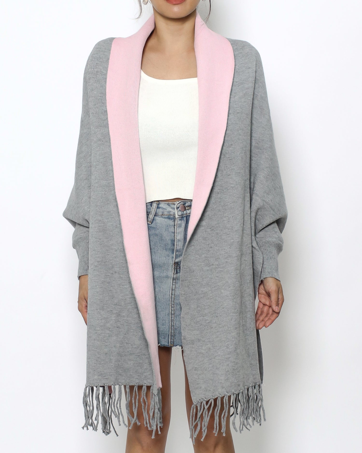 grey & pink tassels poncho *pre-order*