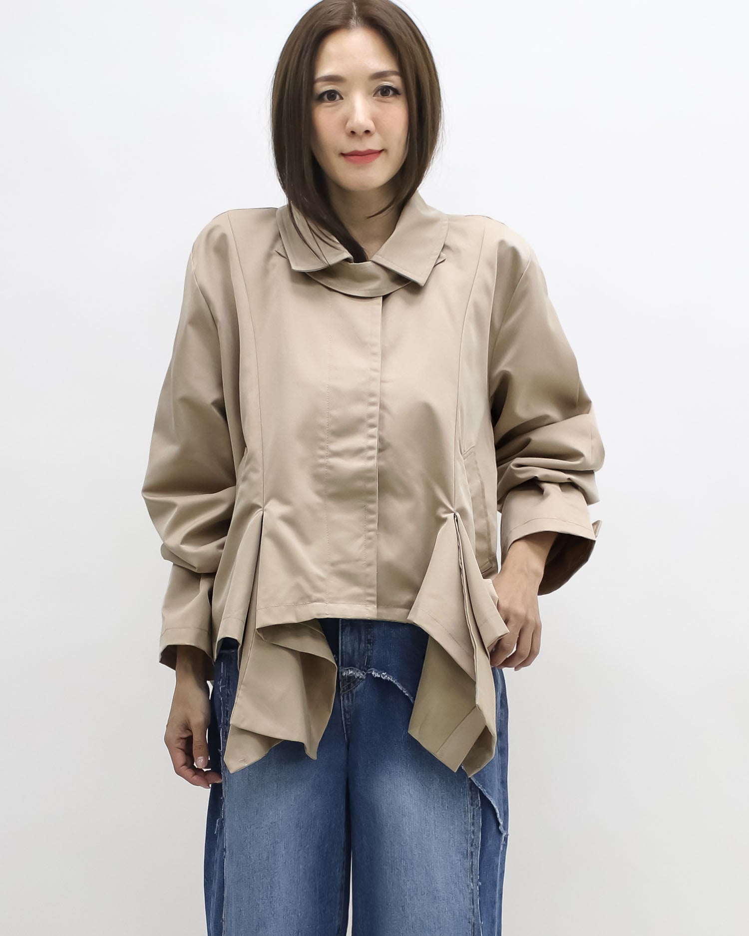 beige asymmetric hem trench jacket