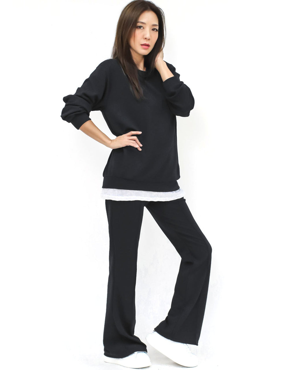 Black & ivory tee layer sweatshirt pants set *pre-order*