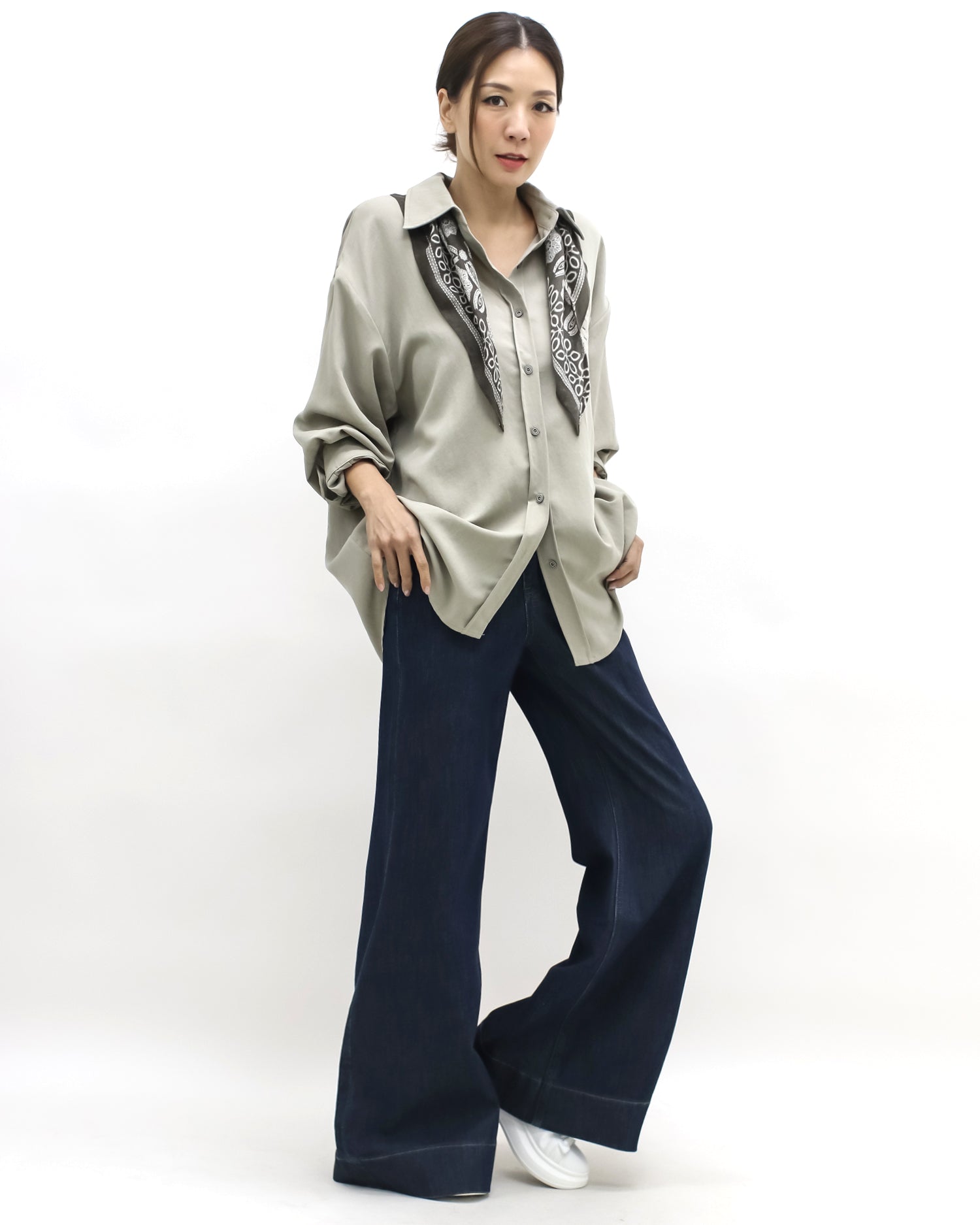 beige shirt w/ green printed scarf *pre-order*