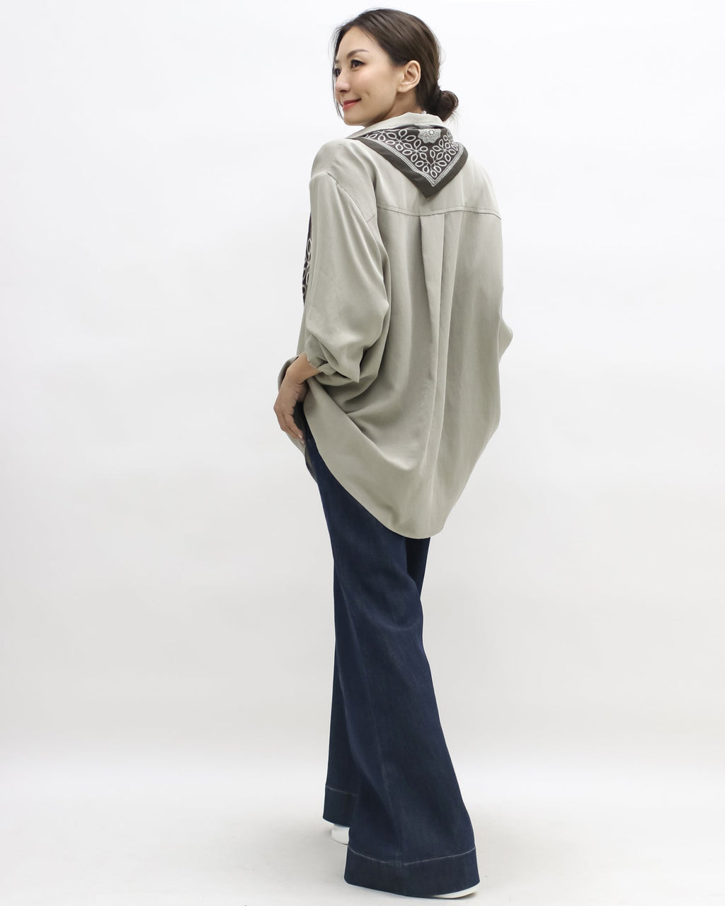 beige shirt w/ green printed scarf *pre-order*