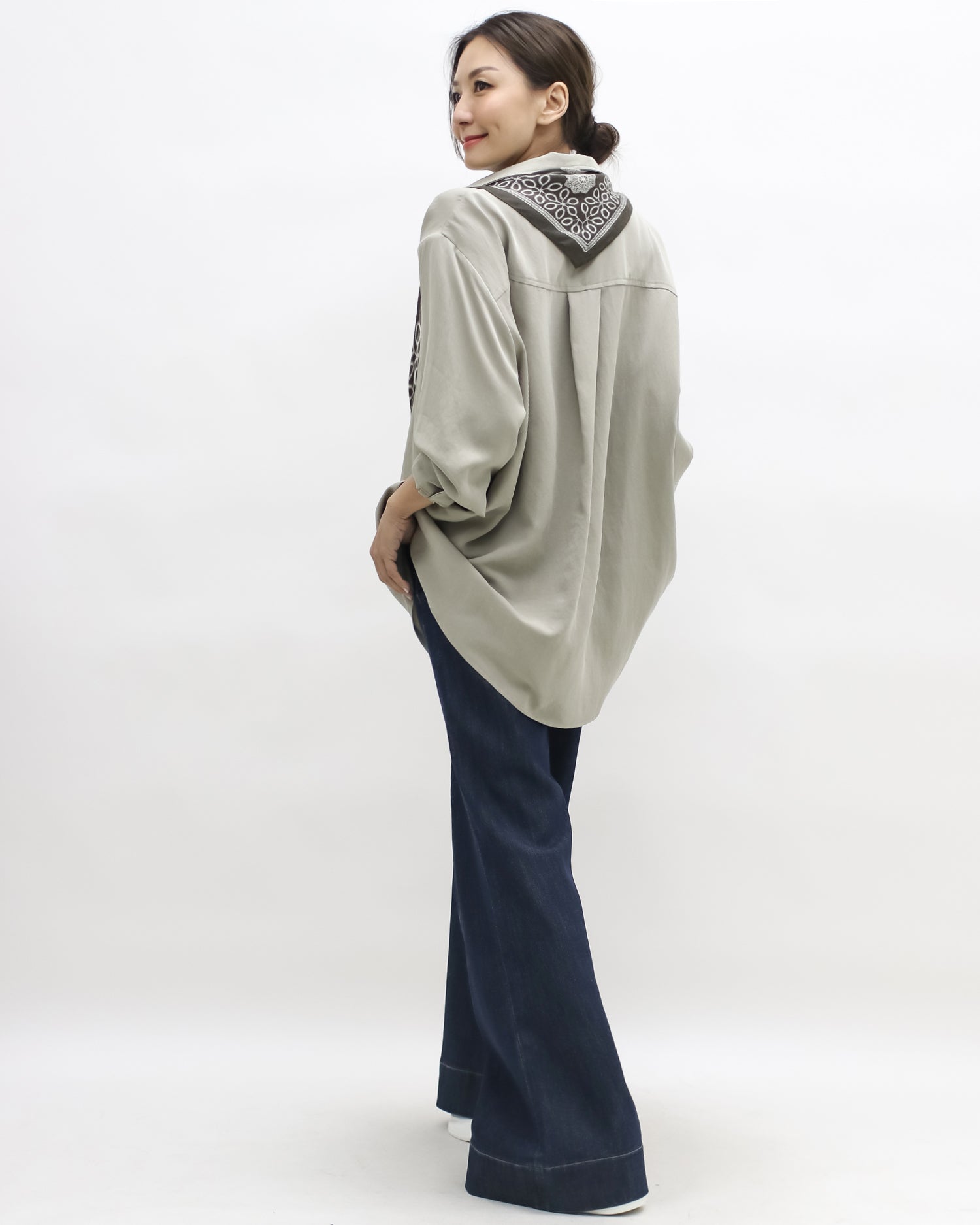 beige shirt w/ green printed scarf *pre-order*