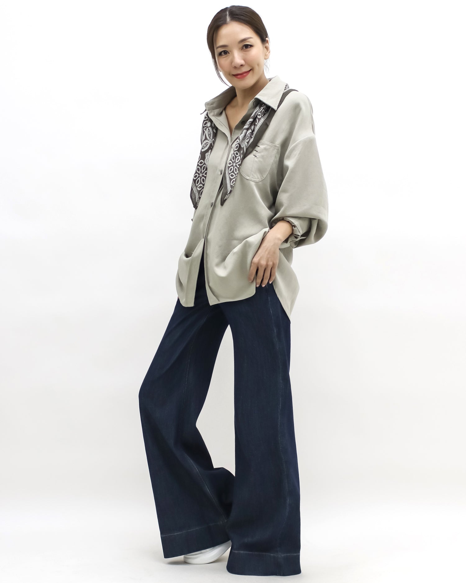 beige shirt w/ green printed scarf *pre-order*