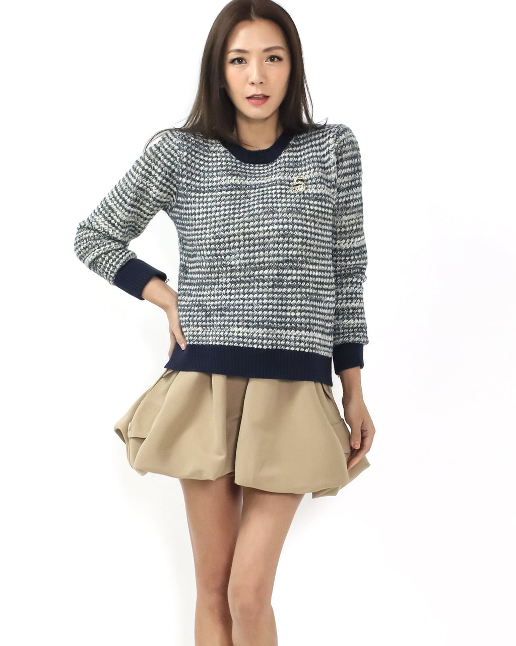 navy trim w/ ivory boucle knitted top with brooch *pre-order*