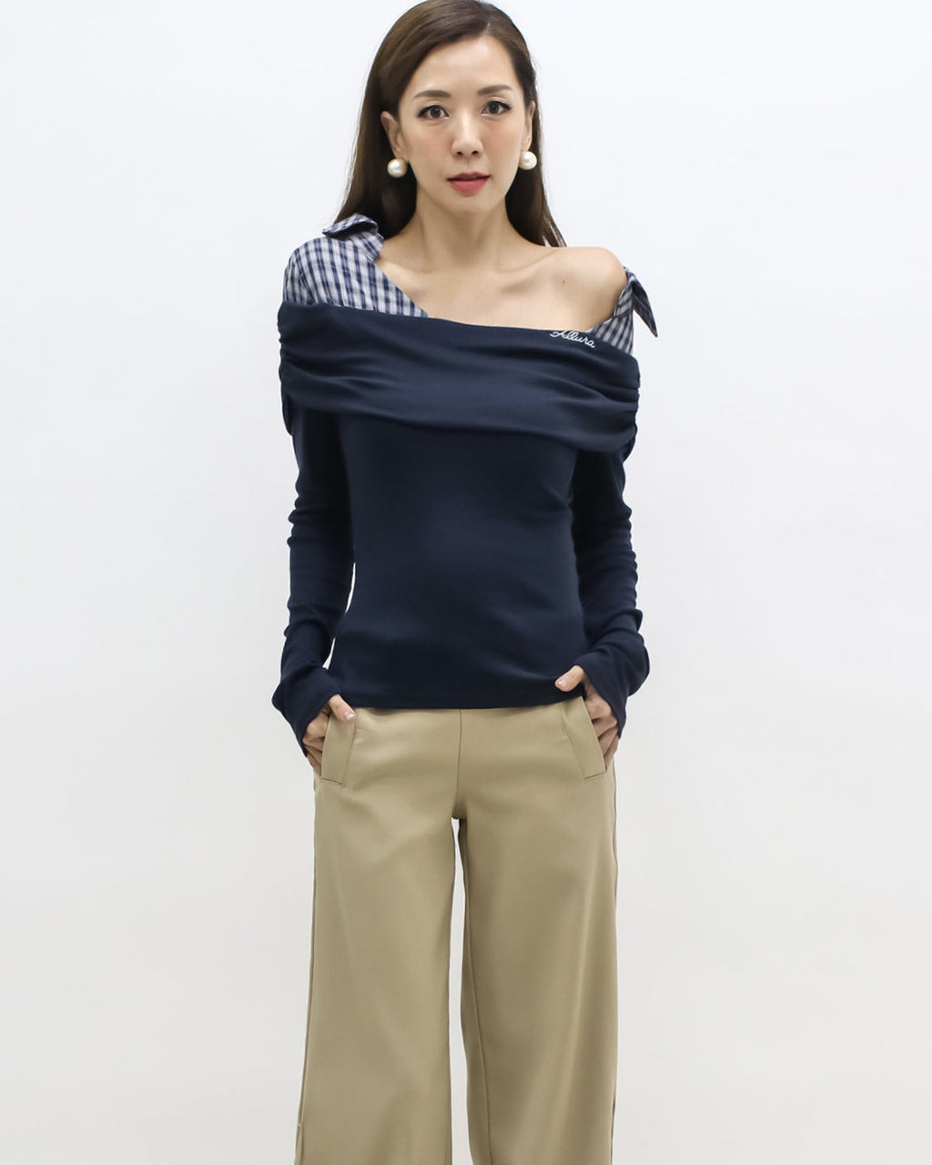 navy w/ checkers shirt collar contrast top *pre-order*
