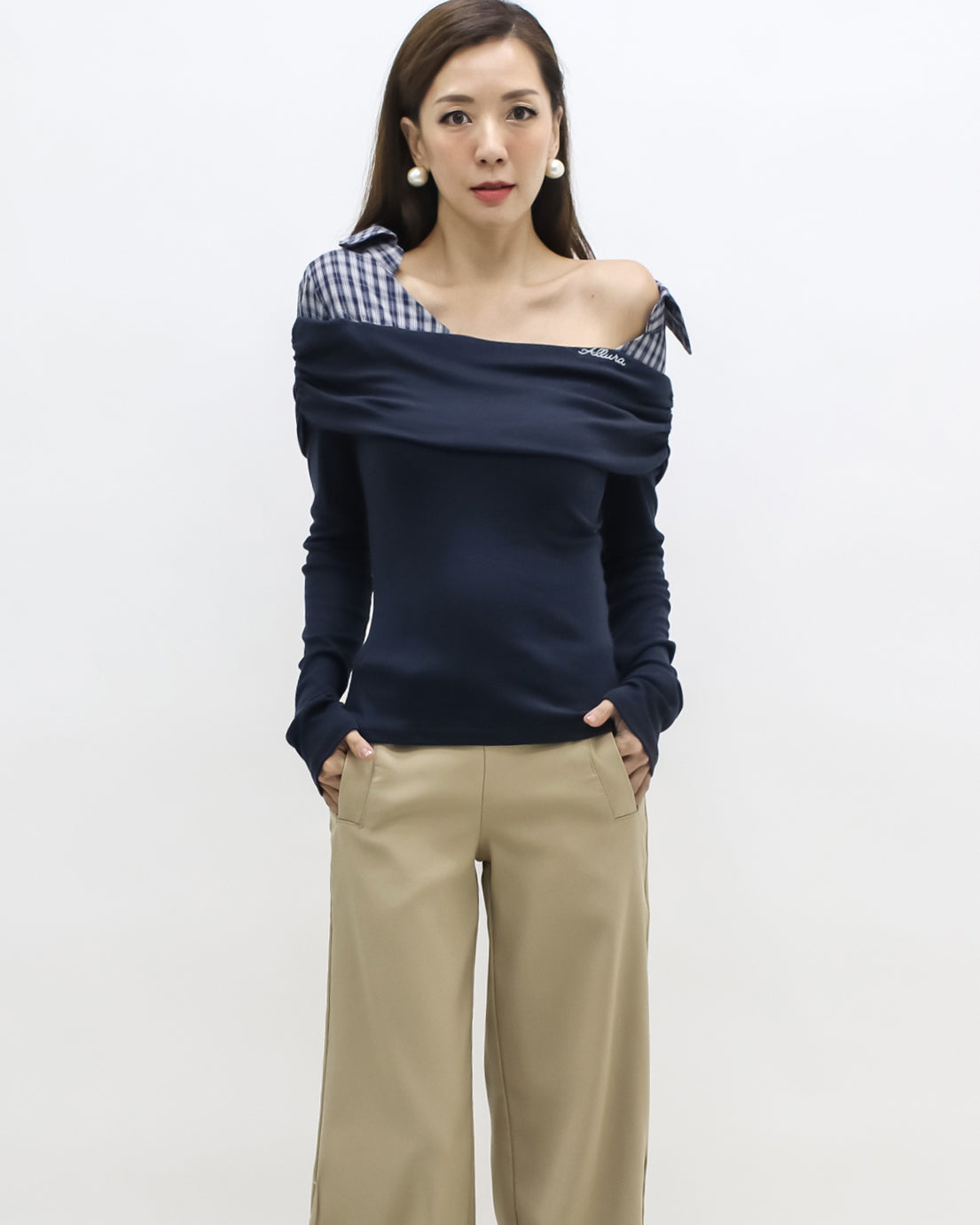 navy w/ checkers shirt collar contrast top *pre-order*