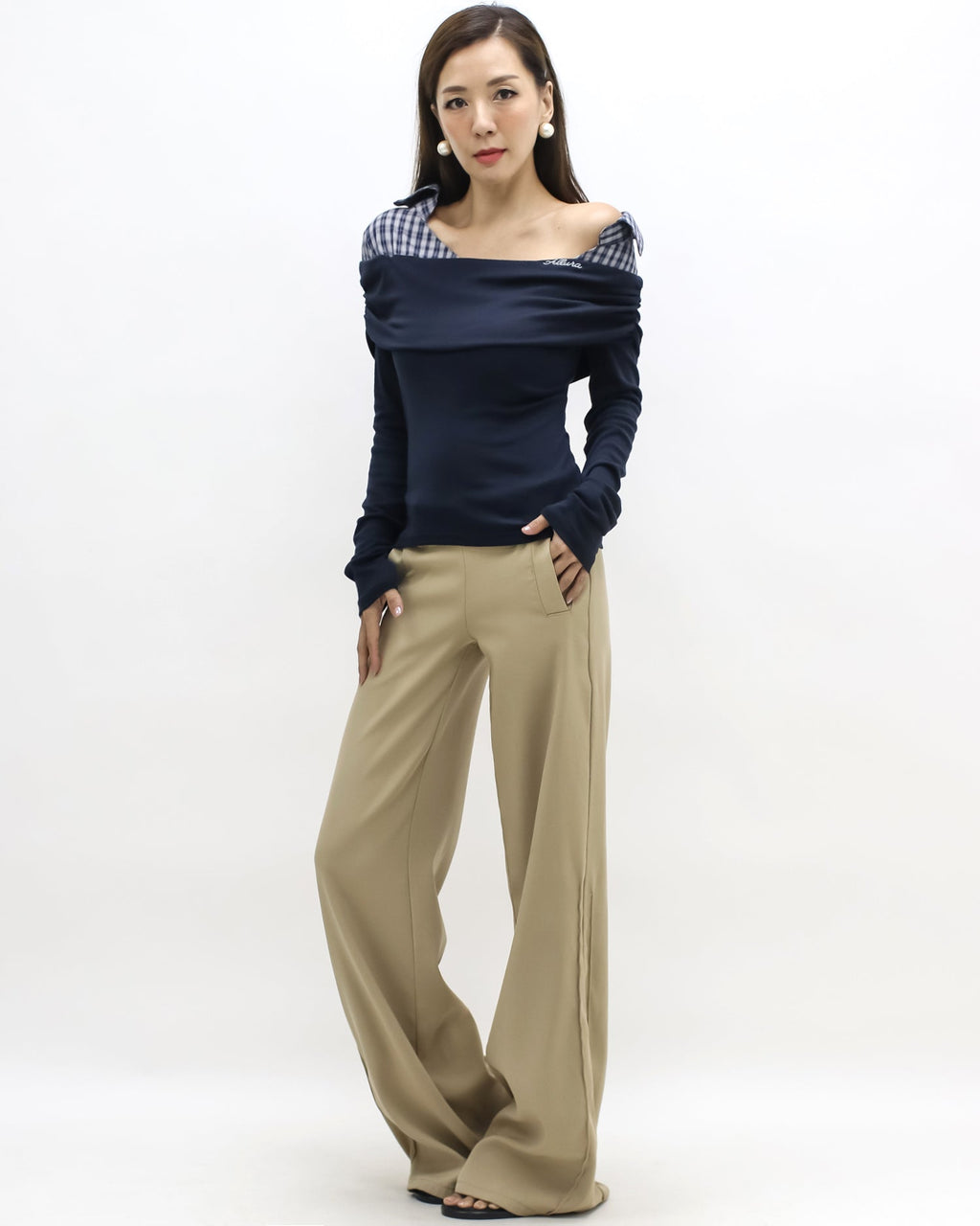 navy w/ checkers shirt collar contrast top *pre-order*