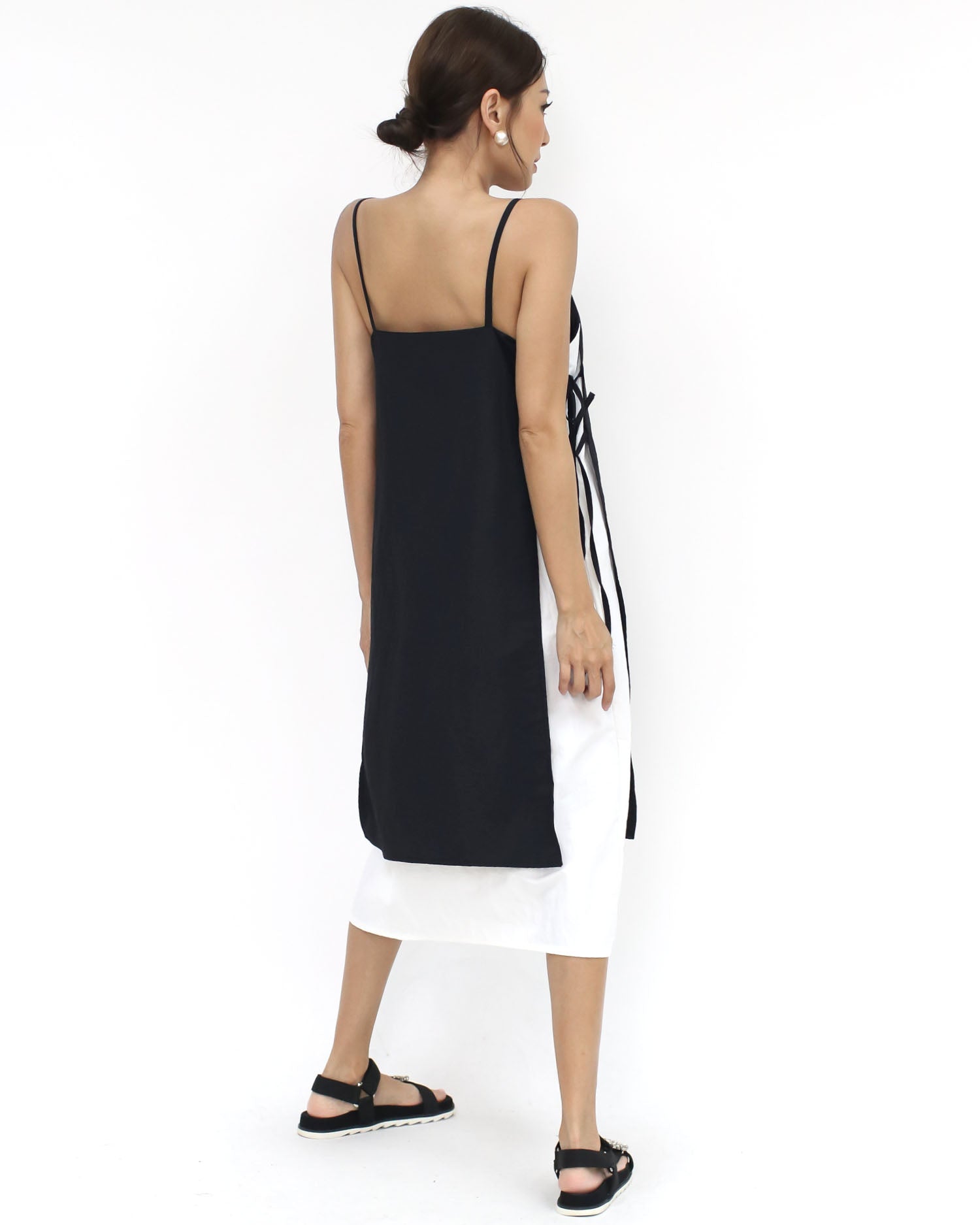 black & ivory texture tie-up sides strappy dress