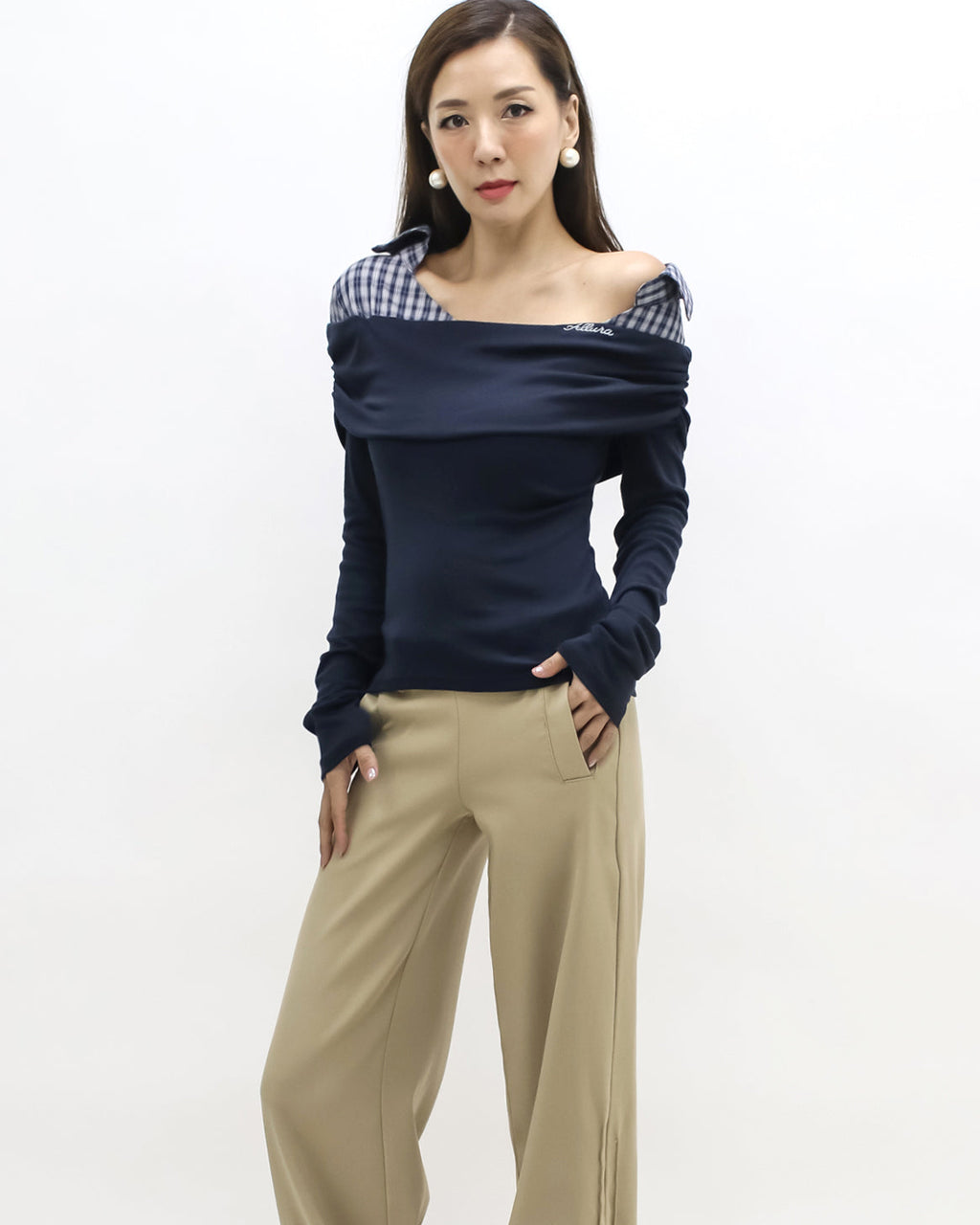 navy w/ checkers shirt collar contrast top *pre-order*