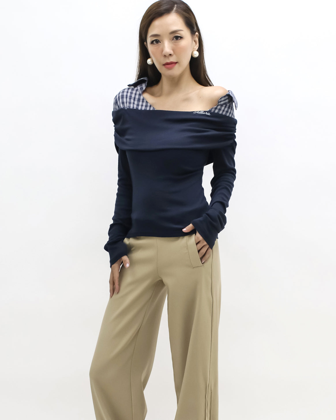 navy w/ checkers shirt collar contrast top *pre-order*