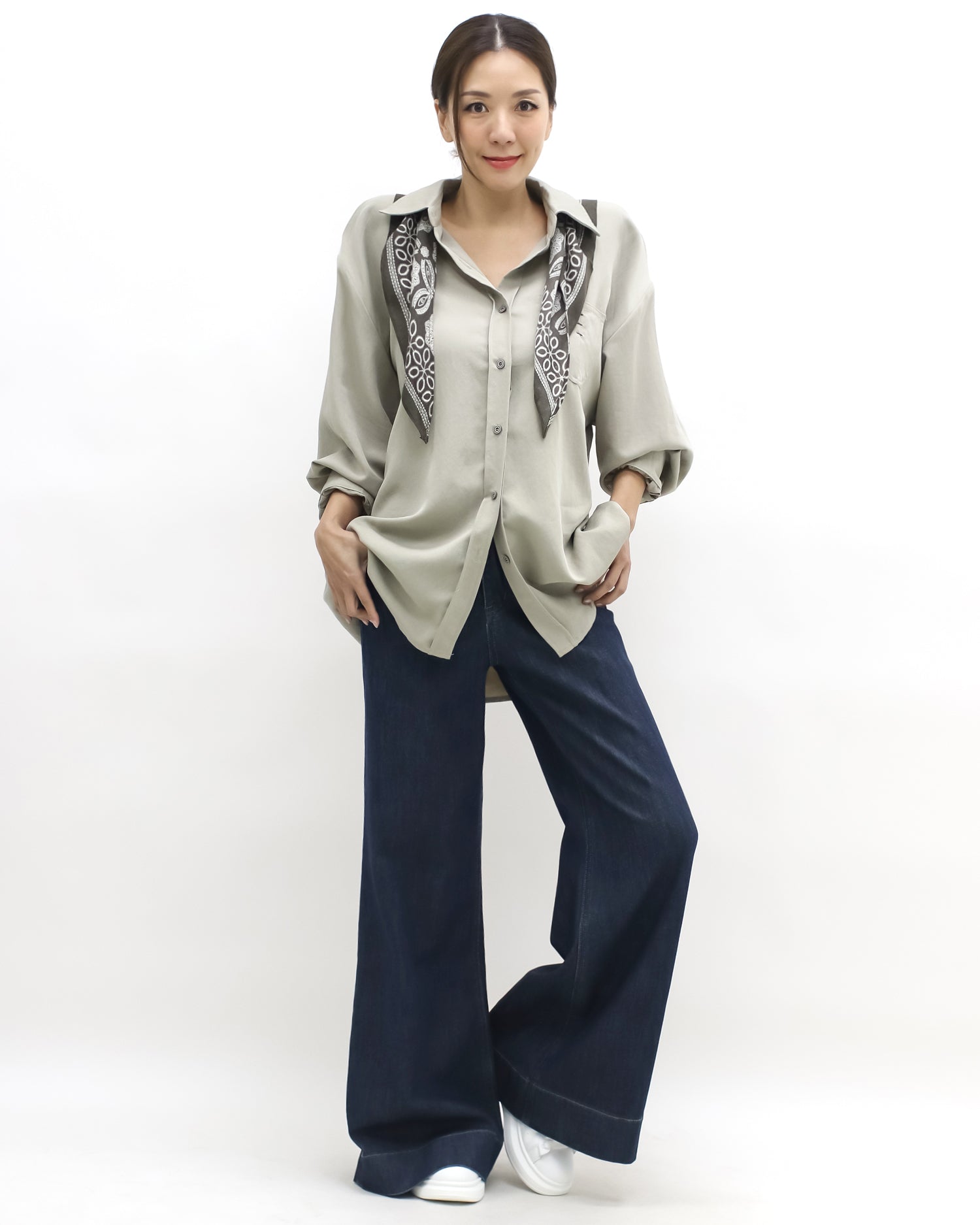 beige shirt w/ green printed scarf *pre-order*