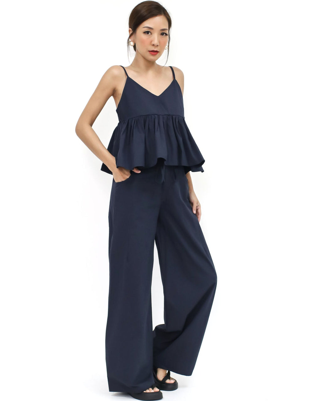 navy flare slip vest & straight pants set *pre-order*