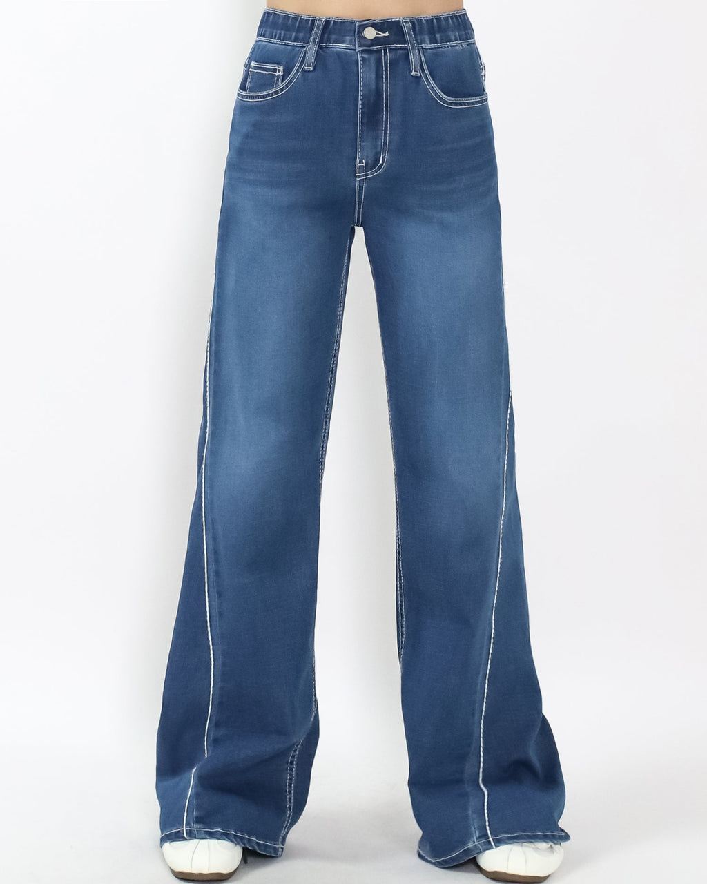 Mid blue w/ ivory line straight leg jeans