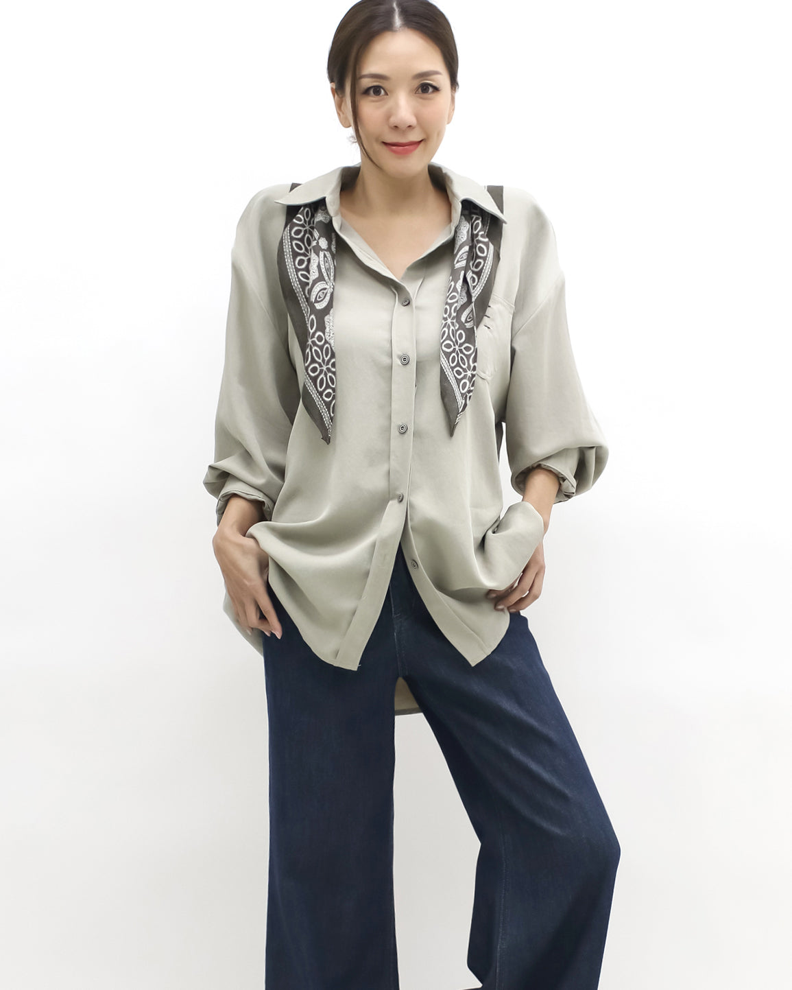 beige shirt w/ green printed scarf *pre-order*